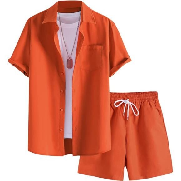 Mens 2 Piece Outfits Short Sleeve Pocket Button Down Shirt Drawstring Shorts Set - Picture 1 of 6